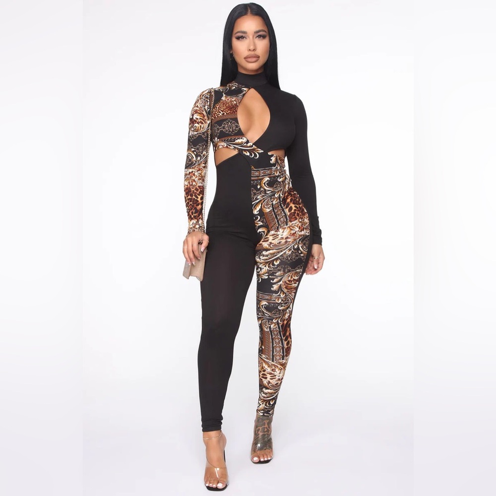 Baroque Print Jumpsuit. Cut out sides & Keyhole. Mock Neck. Skinny Leg.